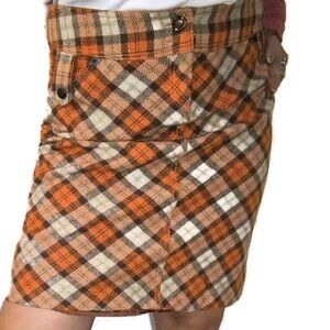 Chic Orange and Tan Plaid Wool Blend Mini Skirt